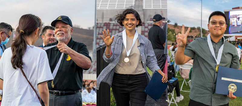 Photo collage of students receiving their Transfer medallions