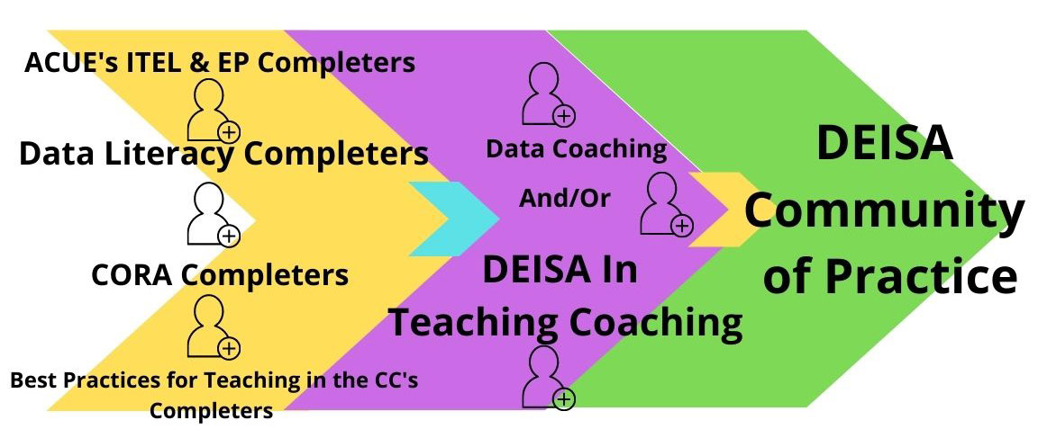 DEISA教师发展路径包括ACUE学院和大学教育工作者协会,组织责任和发展中心科拉,社区学院,